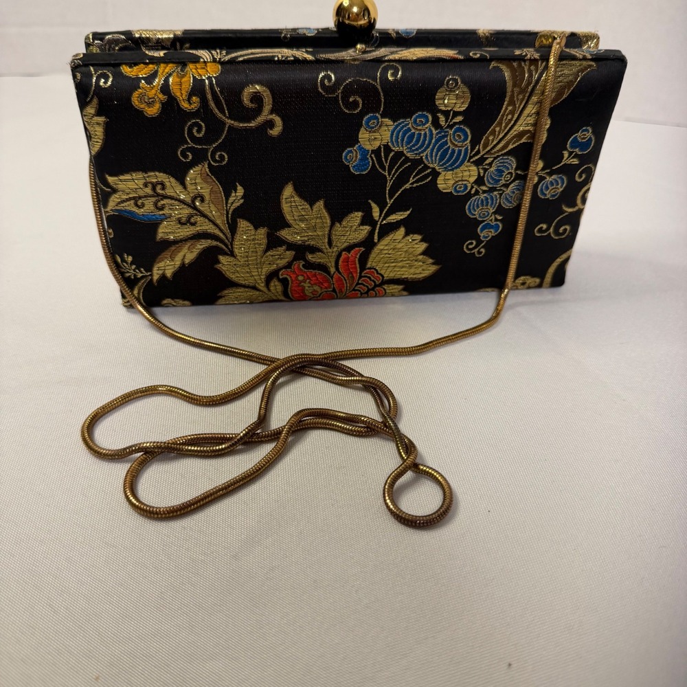 Vintage Floral Brocade Evening Clutch Black Gold Embroidered Satin Bag Chain
